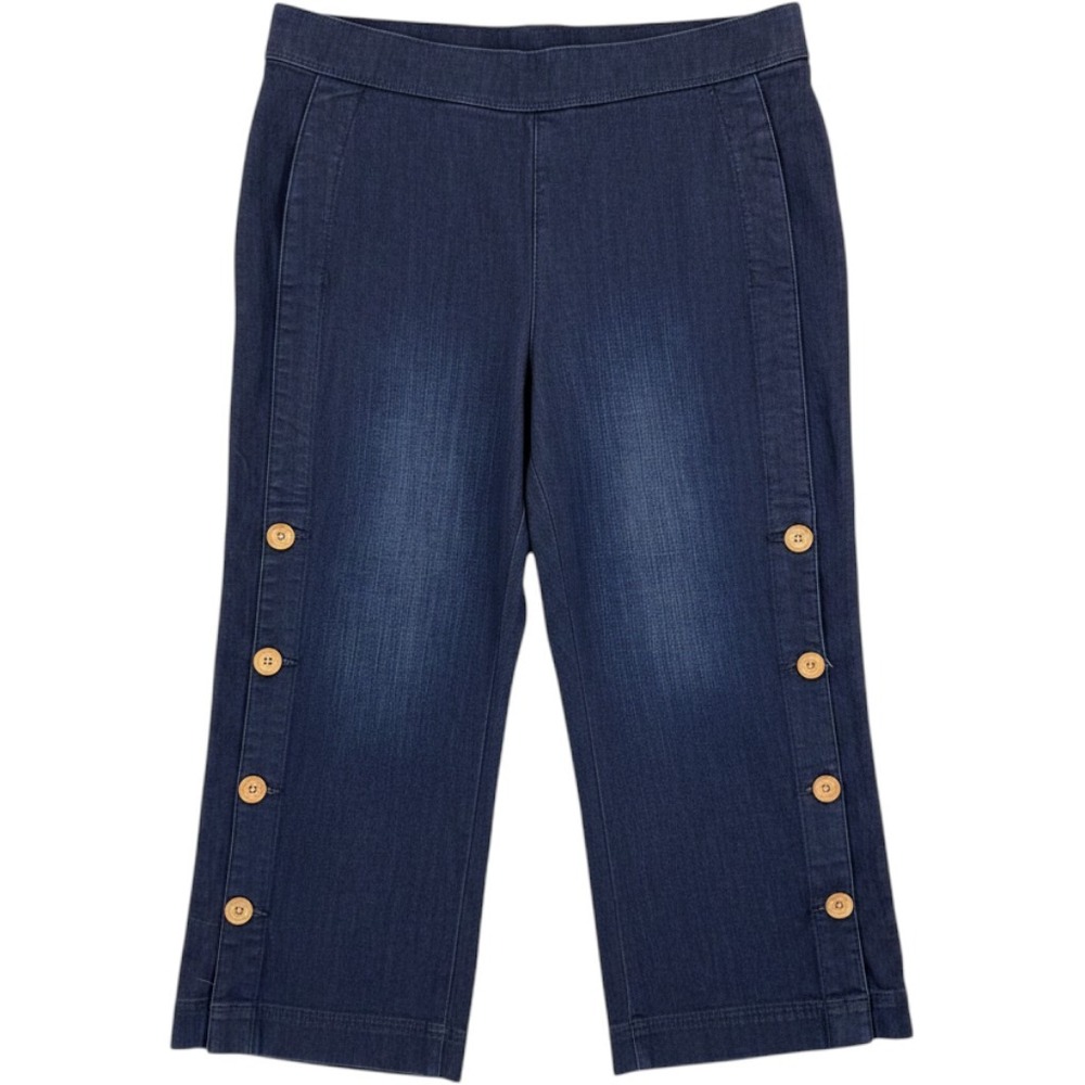 Soft Surroundings NWT Wide Leg Crop Pants Blue L Button Detail Casual Boho Denim